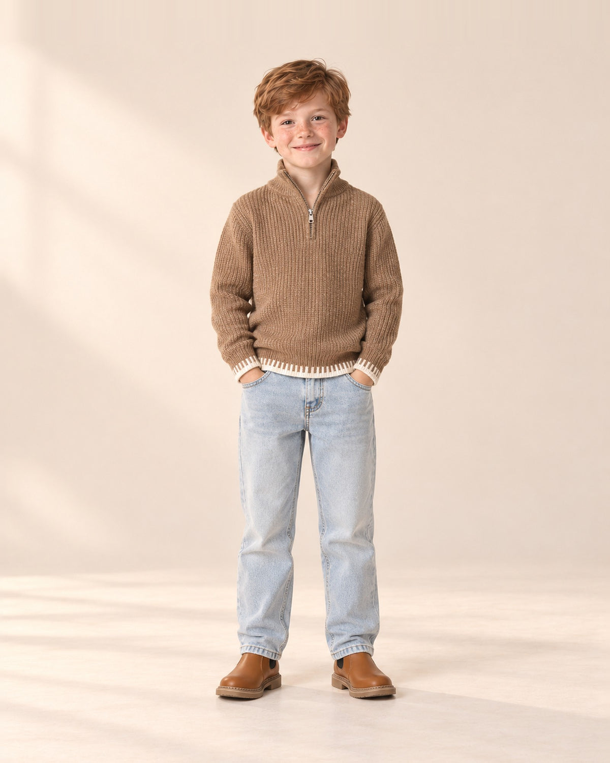 Harrison Jacquard Half-Zip Sweater in Camel – full front view
