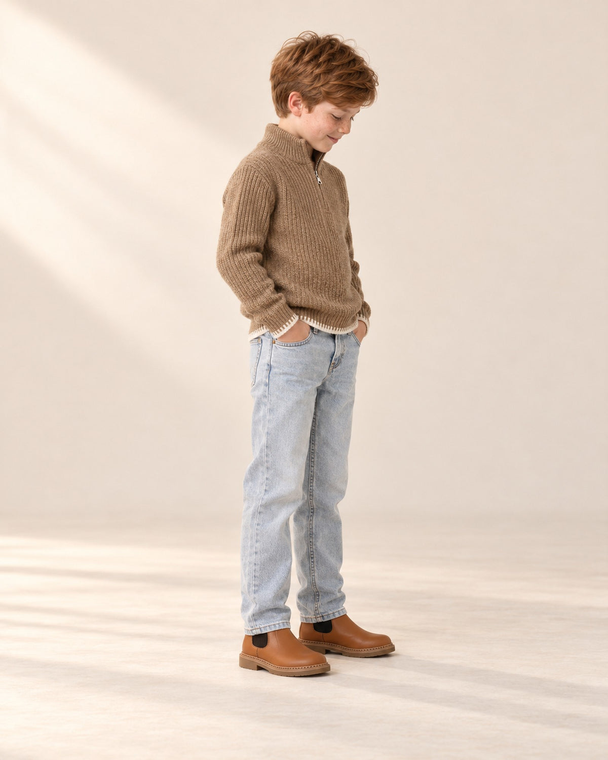 Harrison Jacquard Half-Zip Sweater in Camel – side view