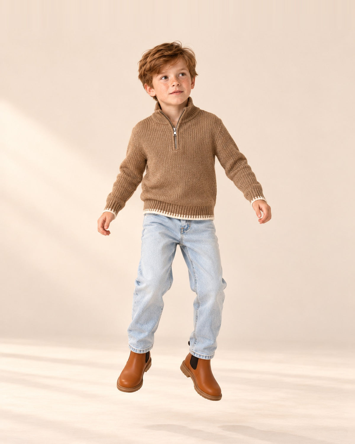 Harrison Jacquard Half-Zip Sweater in Camel – natural pose