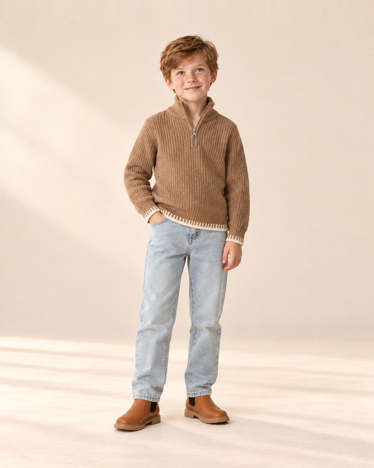 Harrison Jacquard Half-Zip Sweater in Camel – natural pose