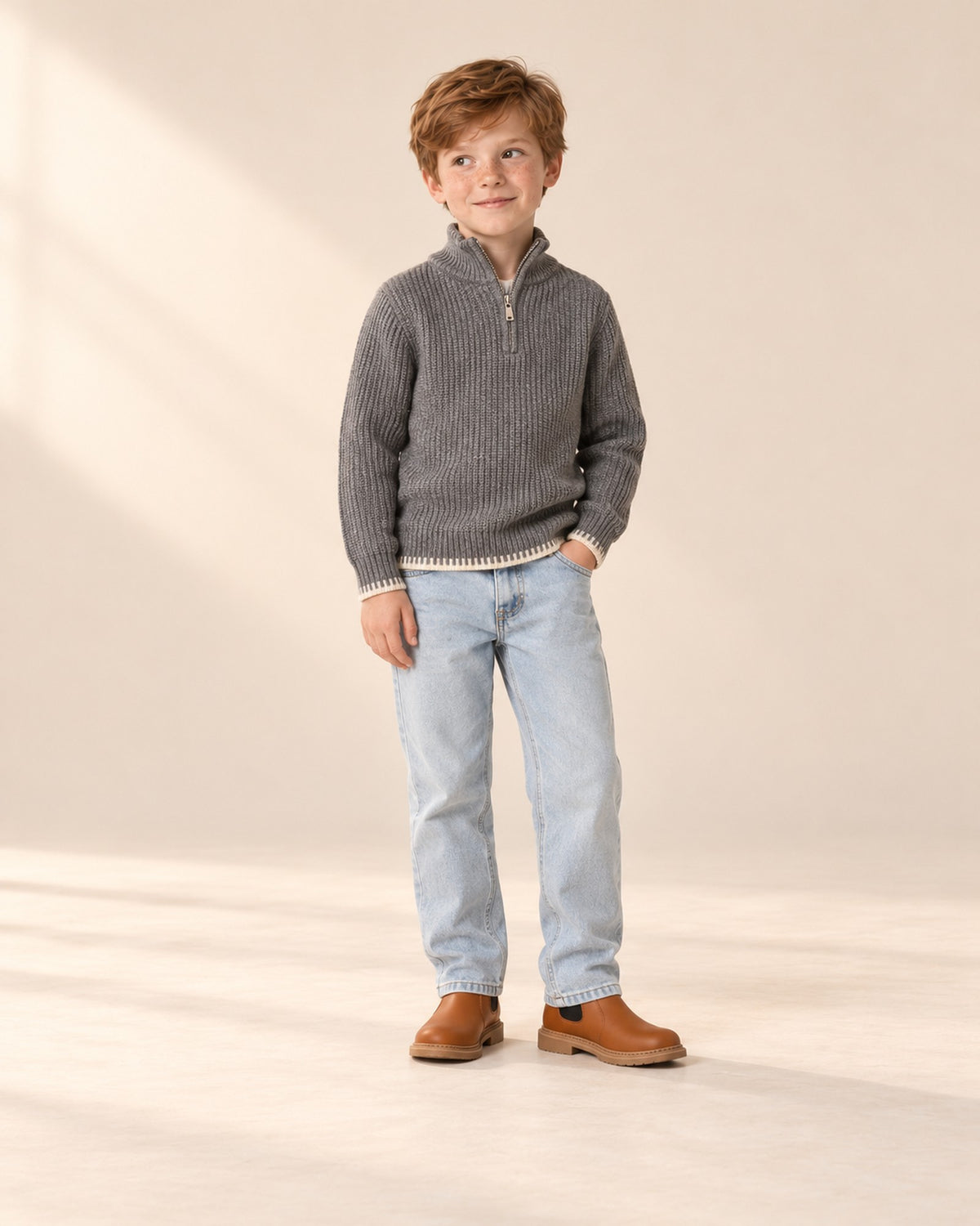 Harrison Jacquard Half-Zip Sweater in Grey – natural pose