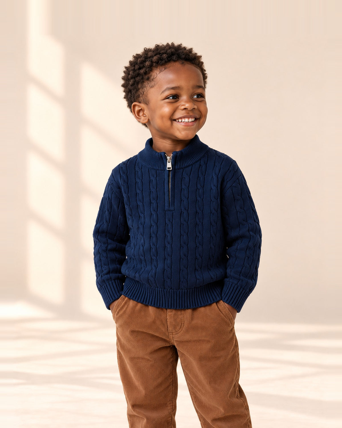 Close-up of the navy cable knit half-zip sweater with ribbed stand collar and metal zip – Navy