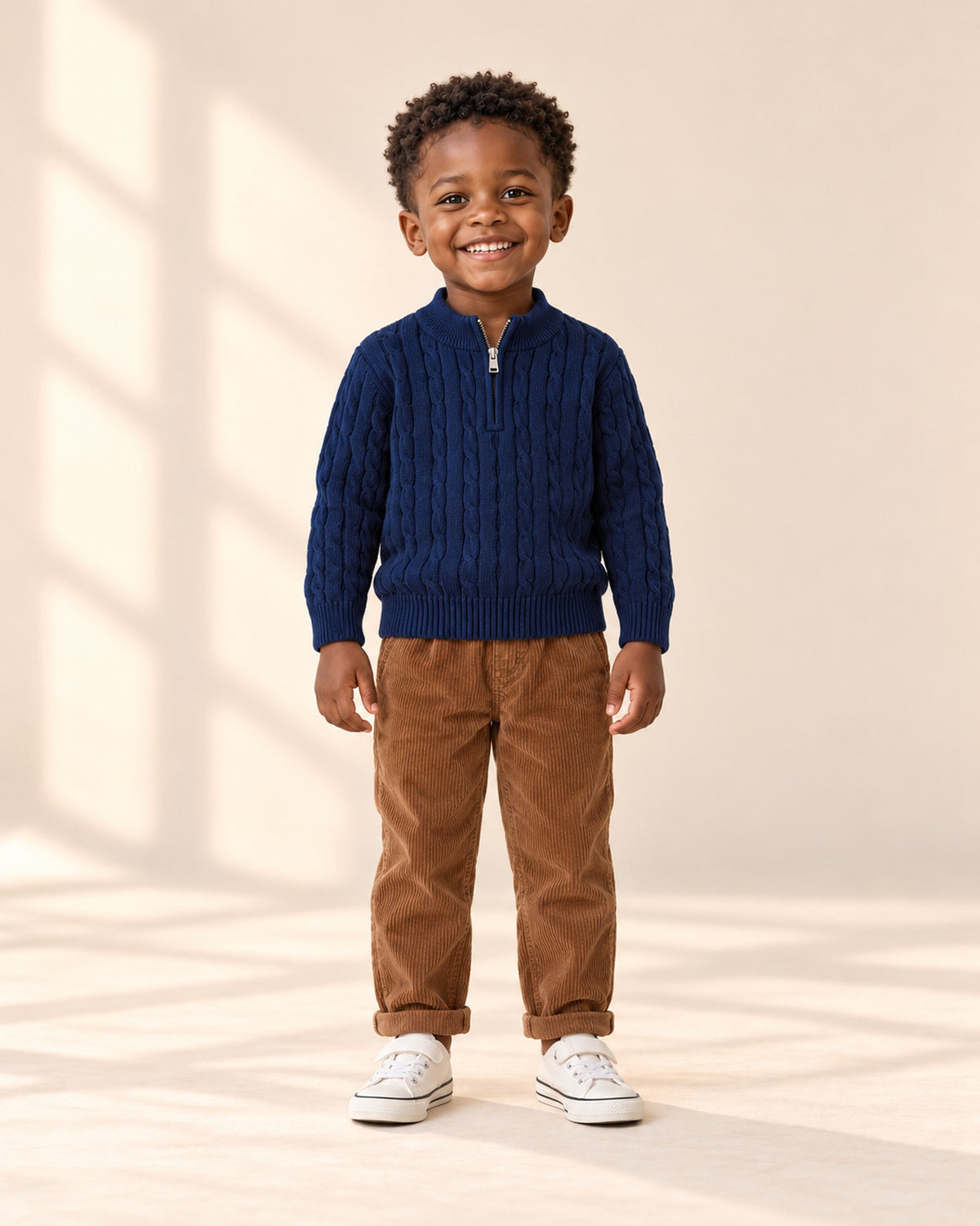 Front view of a boy in the navy cable half-zip sweater, brown corduroy pants and white canvas sneakers, full length – Navy