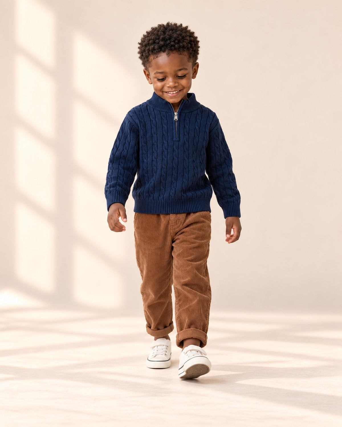 Boy in the navy Edmund cable sweater and brown cords, playful pose in the studio, head to toe – Navy