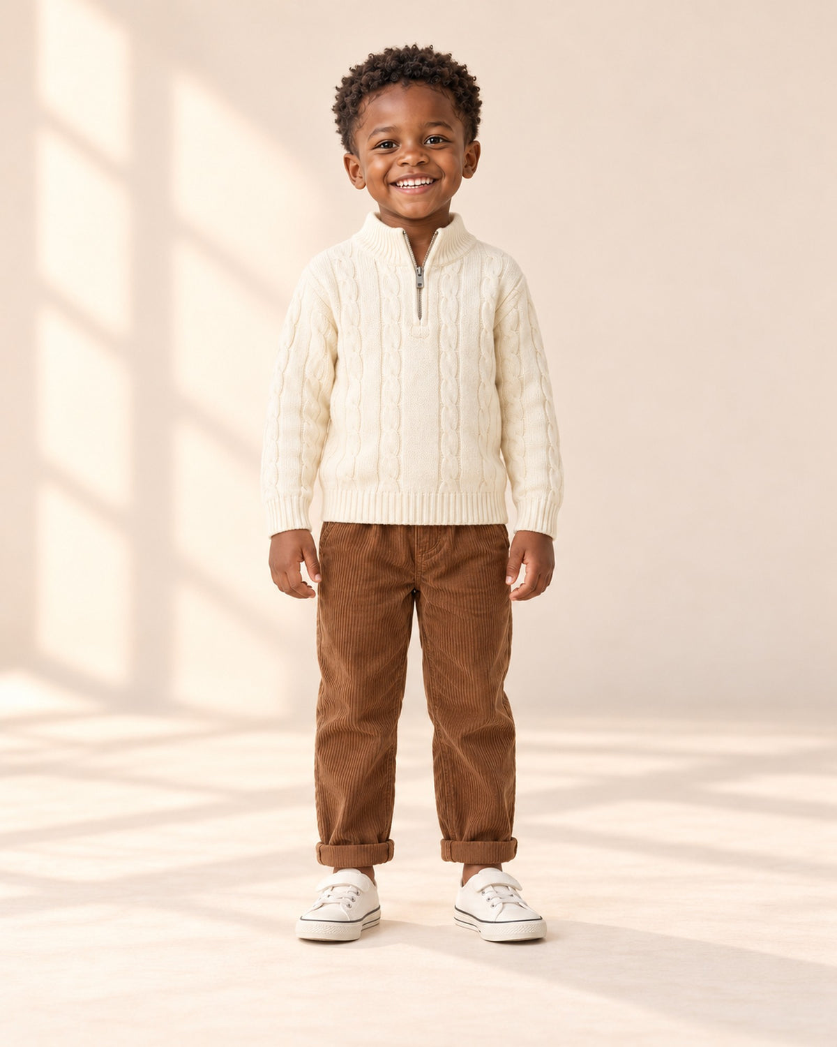 Edmund Cable Half-Zip Sweater in Cream – full front view