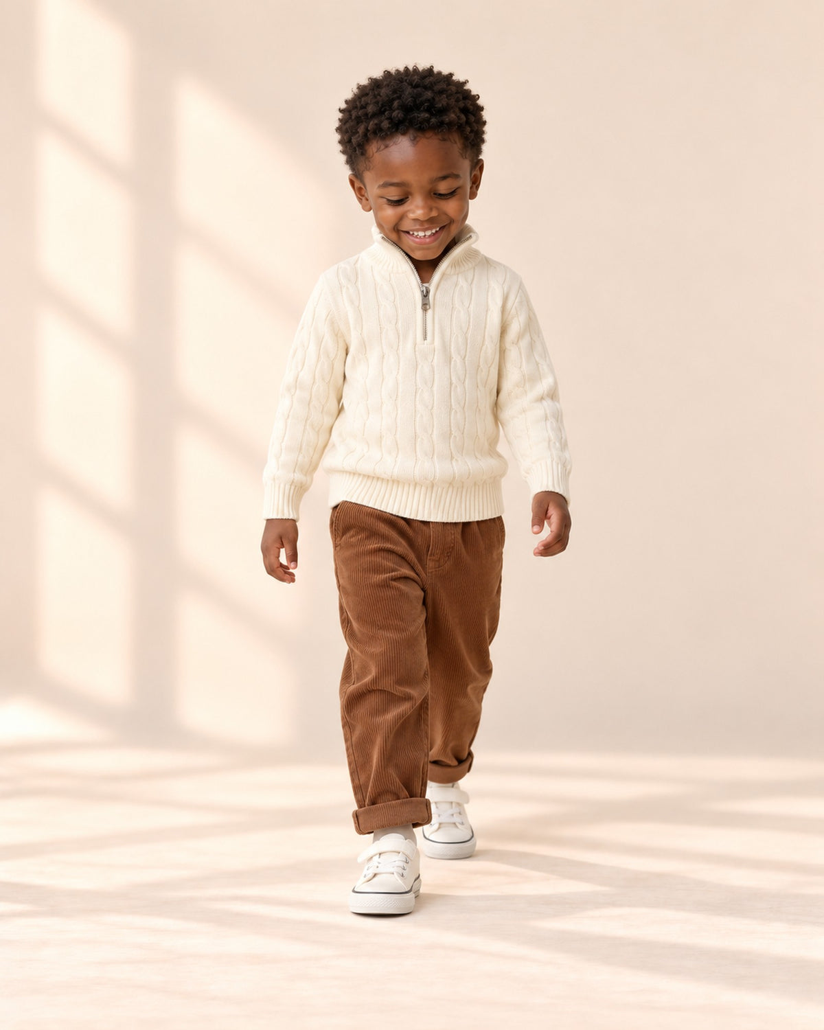 Edmund Cable Half-Zip Sweater in Cream – natural pose
