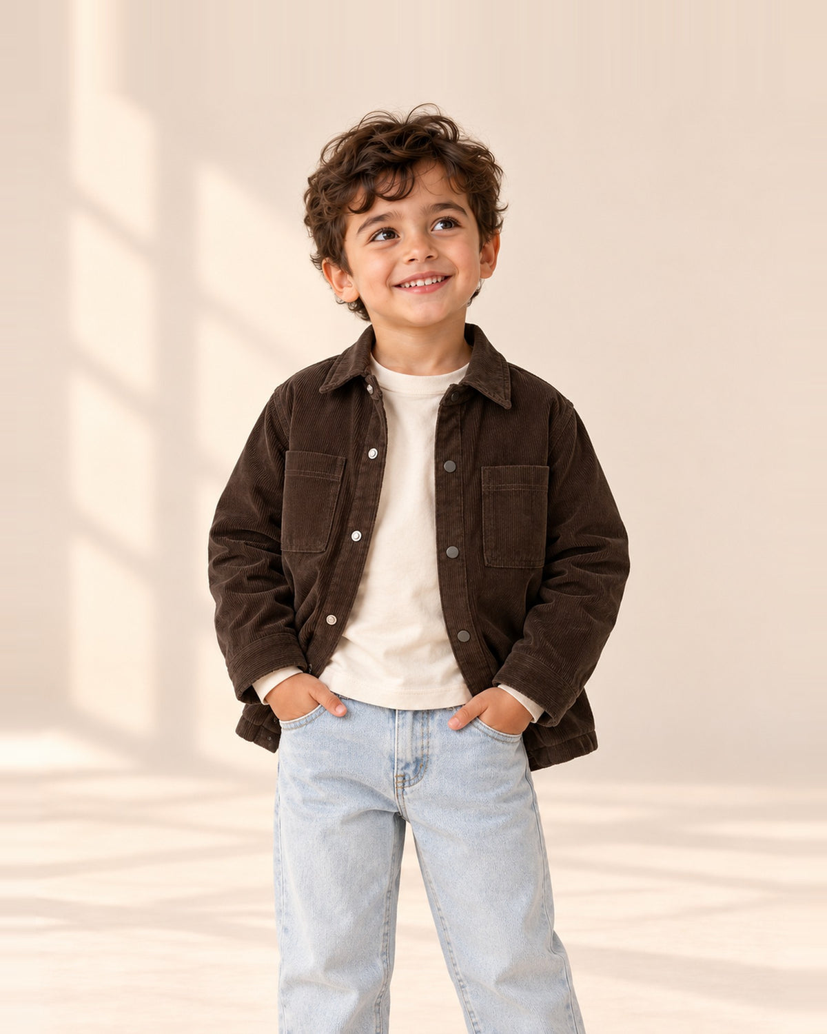 Close-up of the brown corduroy shirt jacket showing the point collar, button front and chest flap pockets – Brown