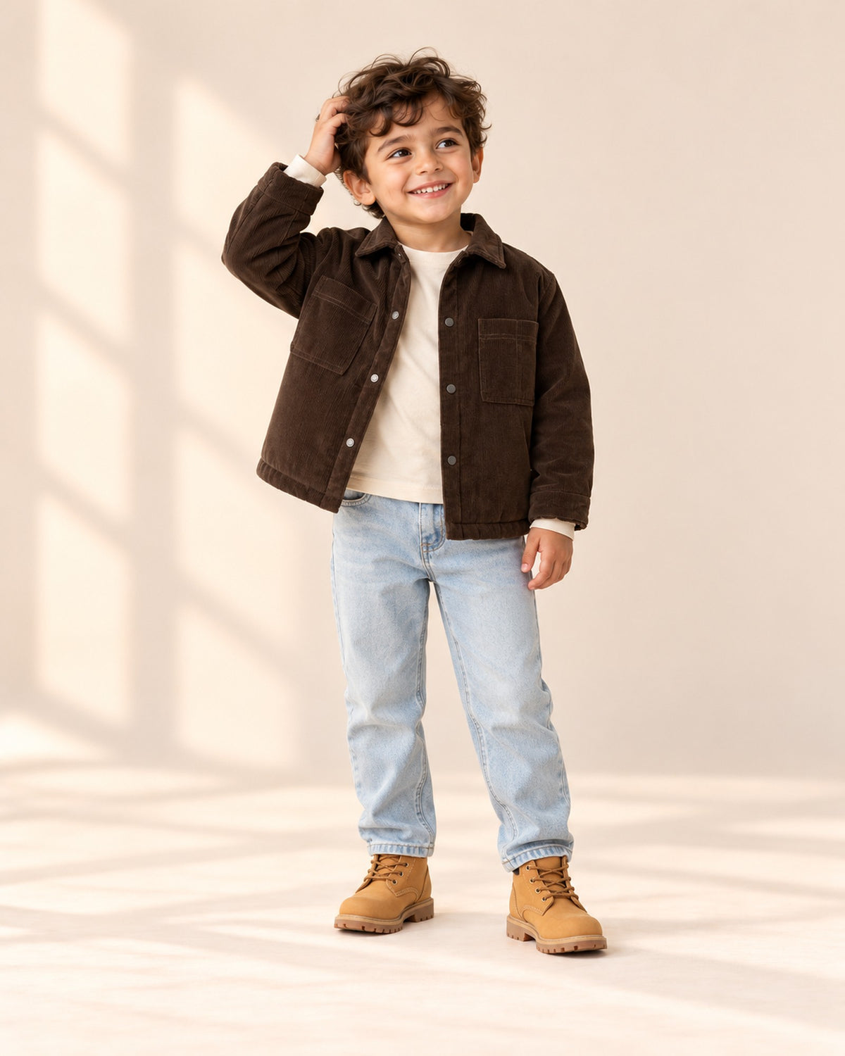Front view of a boy in the open brown corduroy shirt jacket, cream long sleeve tee, light wash jeans and work boots, full length – Brown