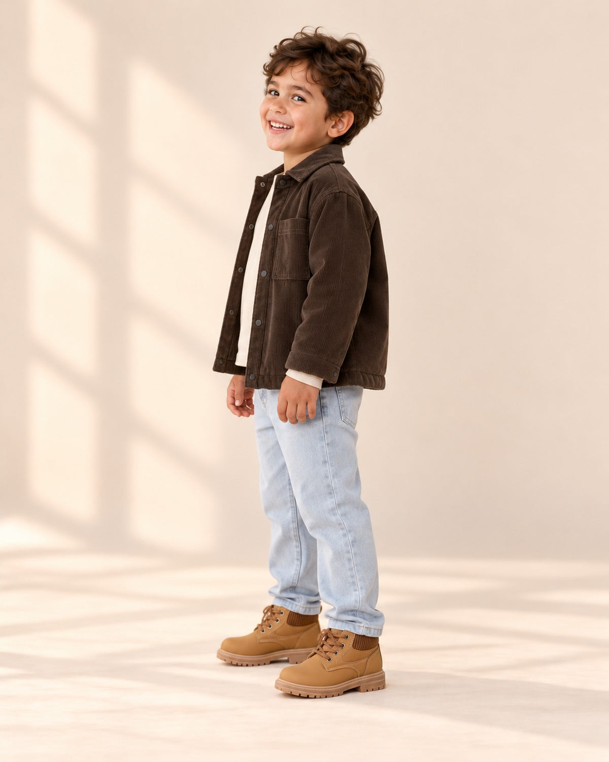 Side view of the brown padded corduroy jacket with jeans and work boots – Brown