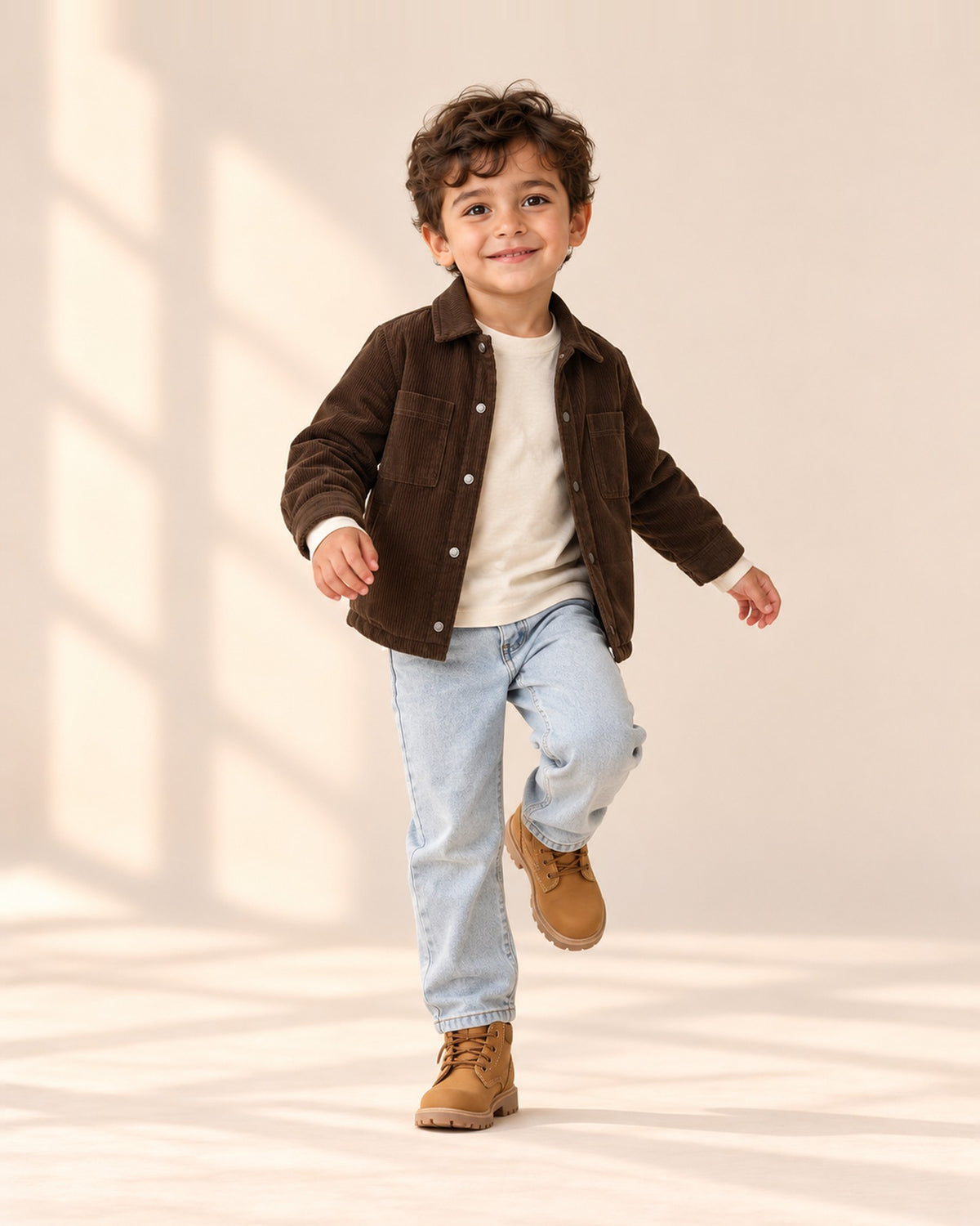 Boy in the brown Russell corduroy jacket and jeans, natural pose in the studio, head to toe – Brown
