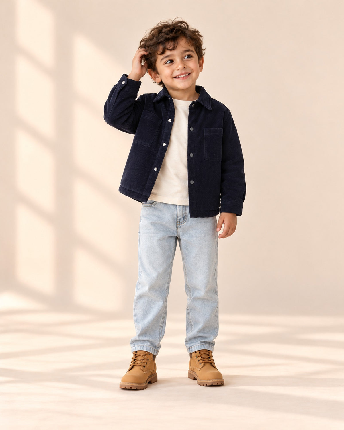 Russell Padded Cord Shirt Jacket in Navy – full front view
