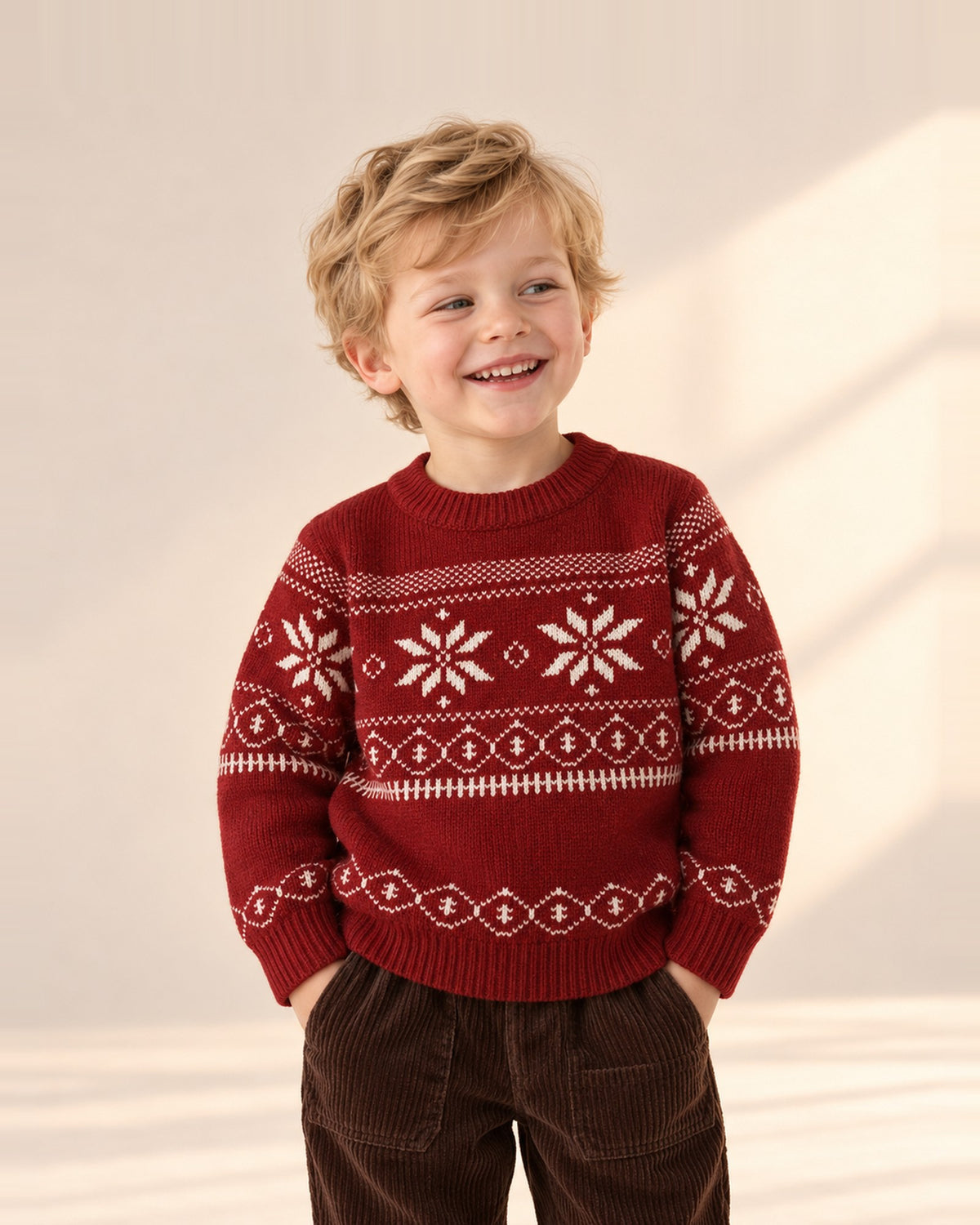 Close-up of the red Fair Isle sweater with a cream snowflake and diamond band – Red