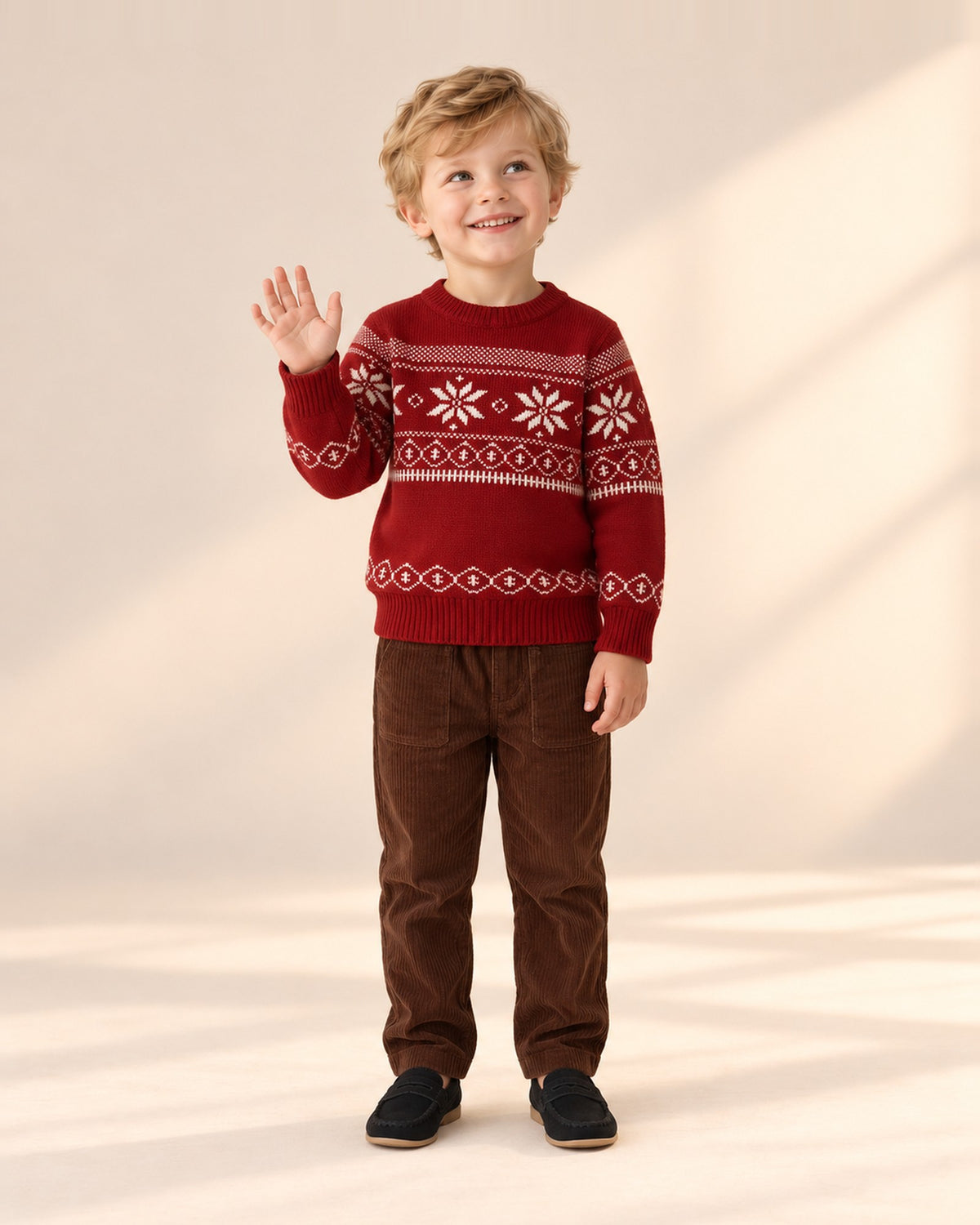 Front view of a boy in the red Fair Isle sweater, chocolate corduroy pants and moccasin loafers, full length – Red