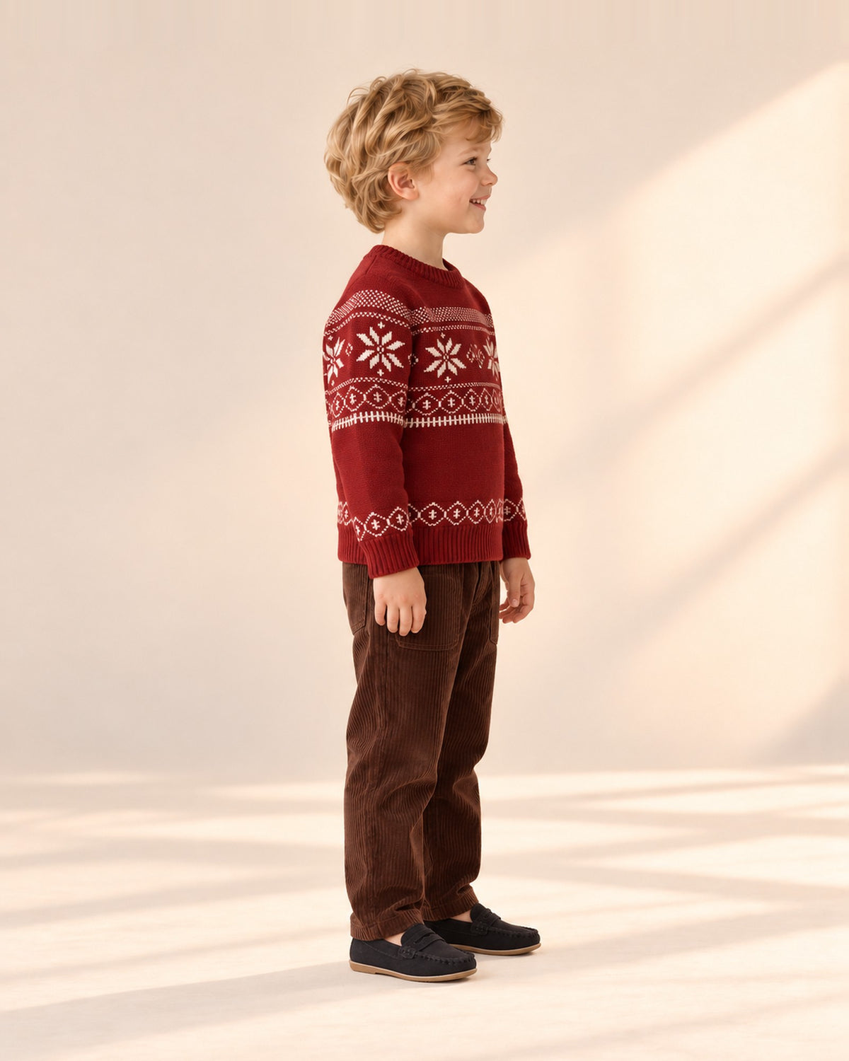 Side view of the red snowflake sweater with corduroy pants and loafers – Red