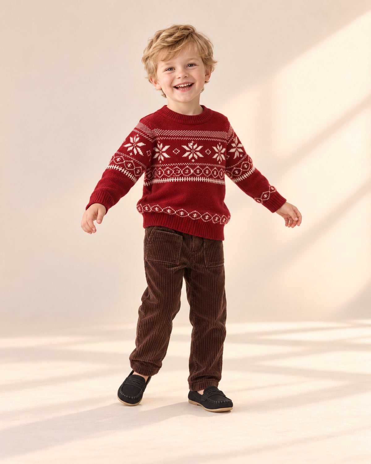 Boy in the red Nicholas Fair Isle sweater, cheerful holiday pose in the studio, head to toe – Red