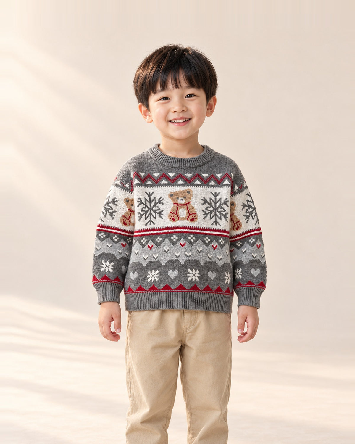 Close-up of the grey Fair Isle sweater with a band of little teddy bears and snowflakes – Grey
