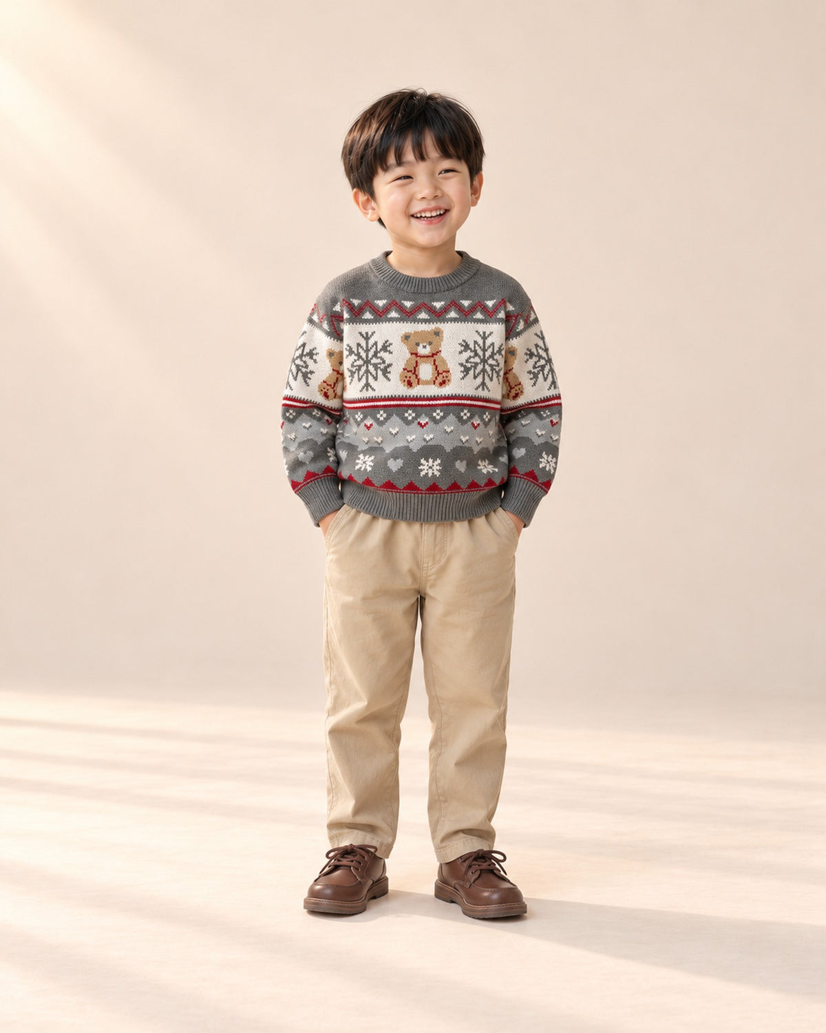 Front view of a boy in the grey teddy bear Fair Isle sweater, khaki chinos and brown derby shoes, full length – Grey