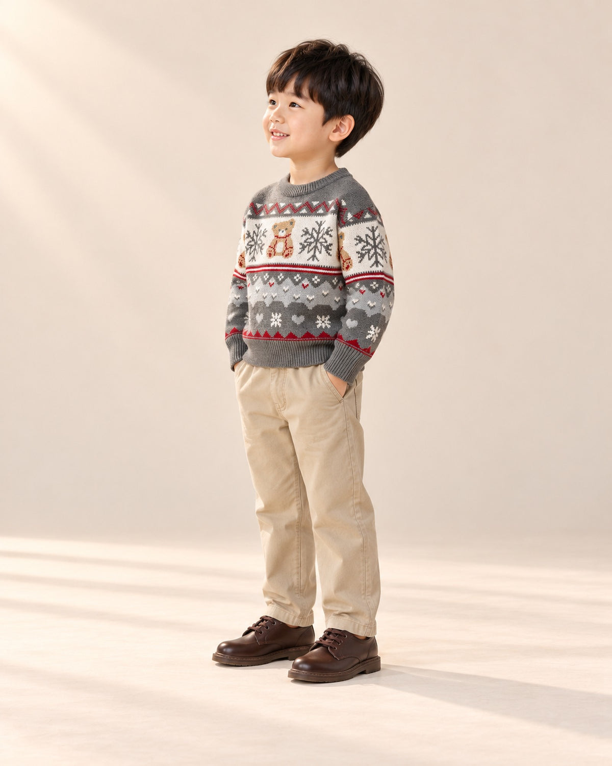 Side view of the grey Fair Isle sweater with khaki chinos and derby shoes – Grey