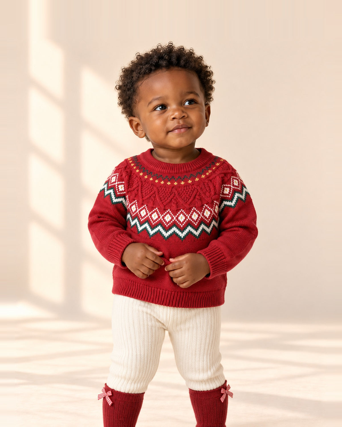 Close-up of the red Fair Isle yoke sweater with zigzag bands and little cables around the neckline – Red
