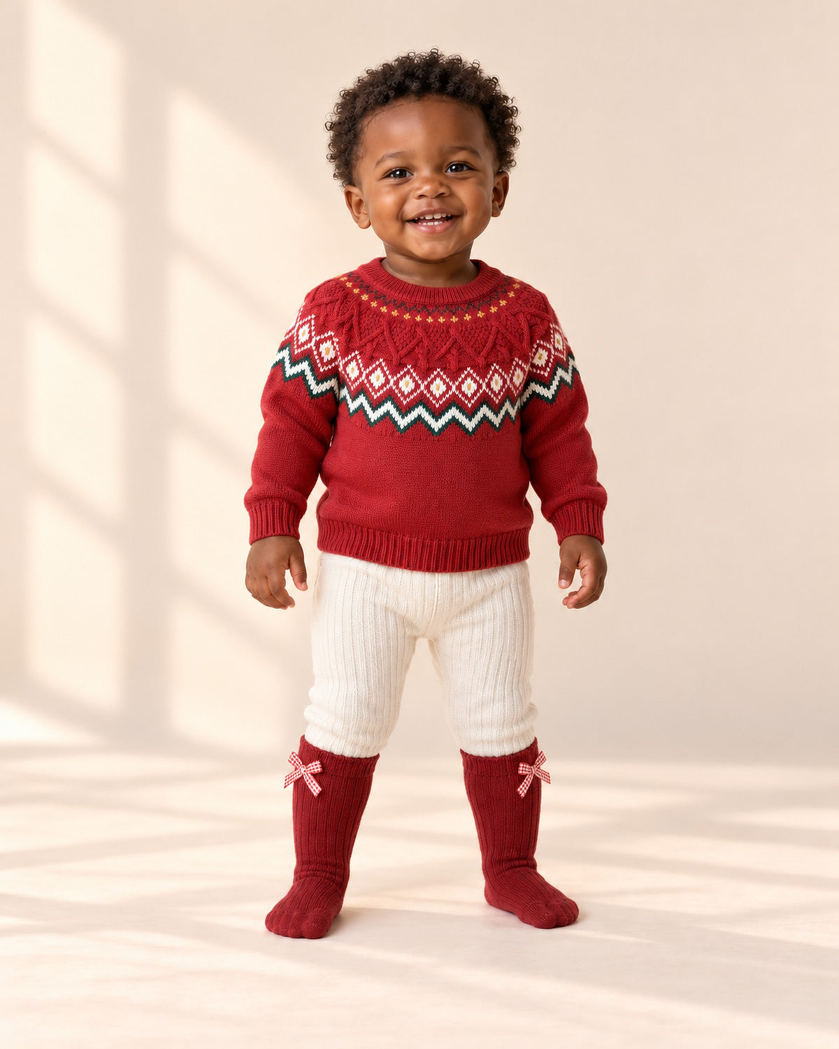 Front view of a toddler in the red Fair Isle yoke sweater, cream ribbed leggings and red bow socks, full length – Red