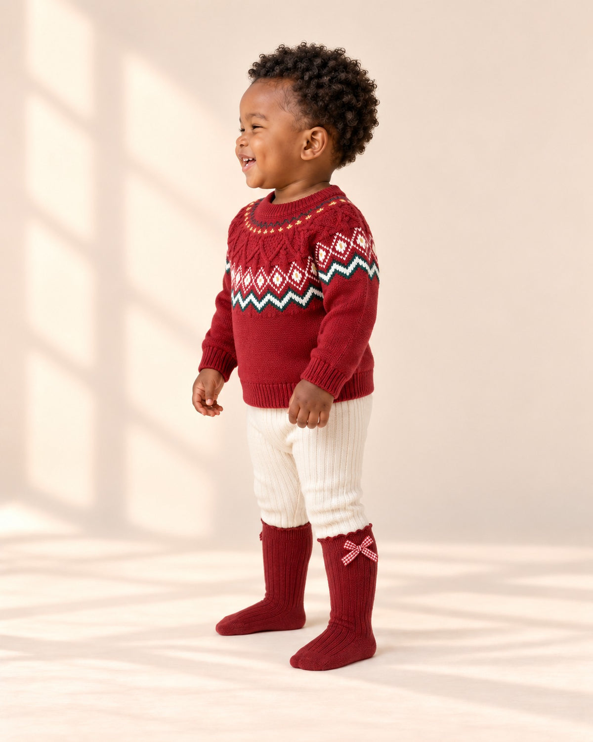 Side view of the red Fair Isle sweater with cream leggings and bow socks – Red