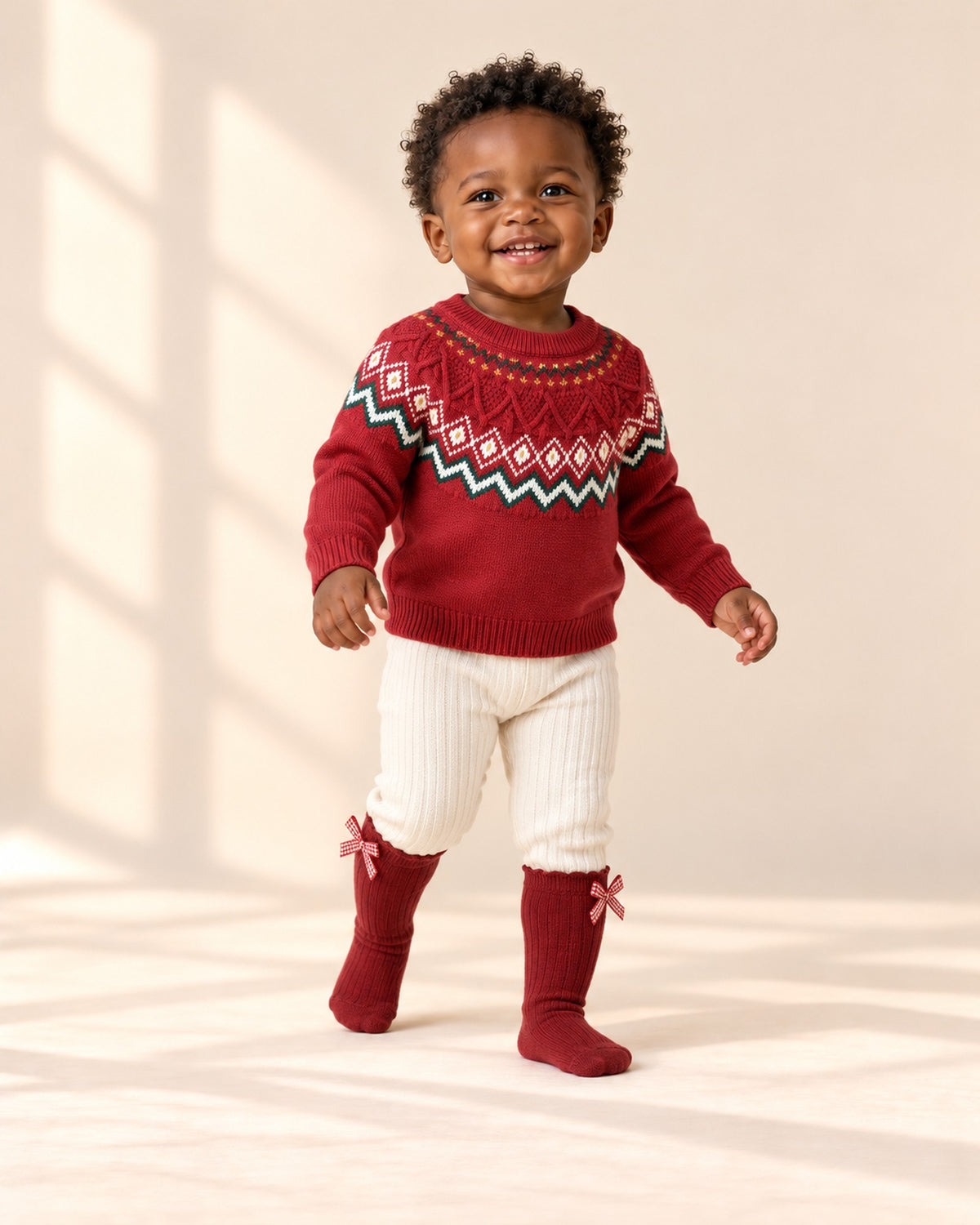 Toddler in the red Robin Fair Isle sweater, sitting happily on the studio floor in the full holiday outfit – Red