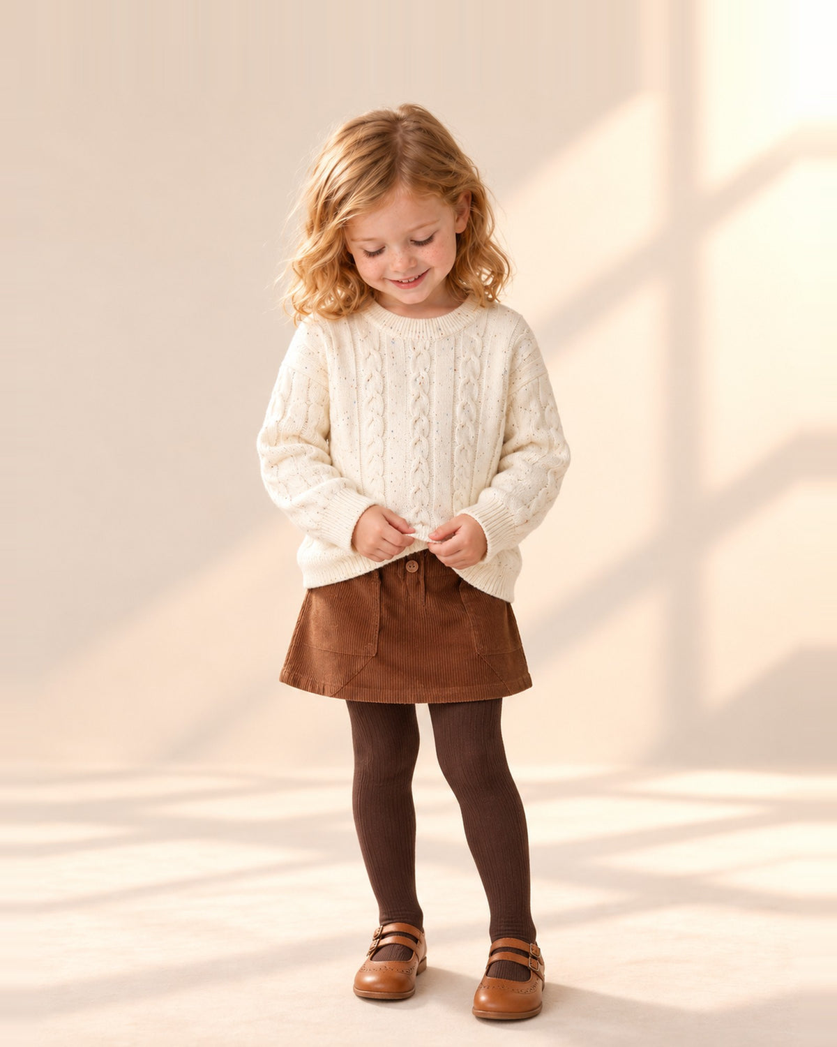 Close-up of the cream cable knit crew sweater with vertical cables and ribbed neck – Cream