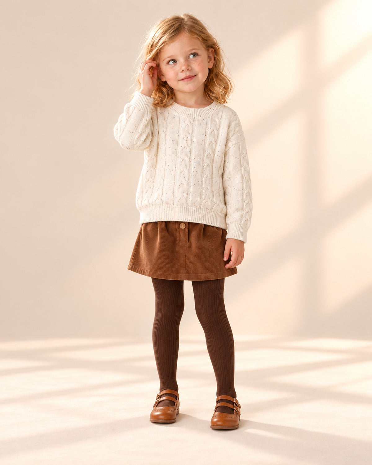 Front view of a girl in the cream cable sweater, brown corduroy A-line skirt, chocolate tights and cognac Mary Janes, full length – Cream