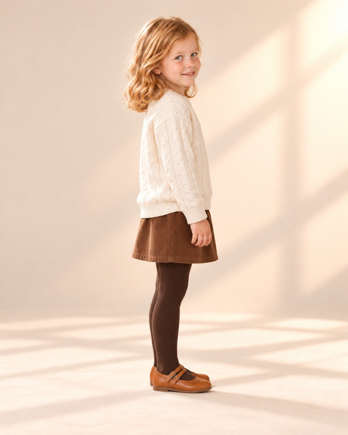 Side view of the cream cable sweater with corduroy skirt, tights and Mary Janes – Cream