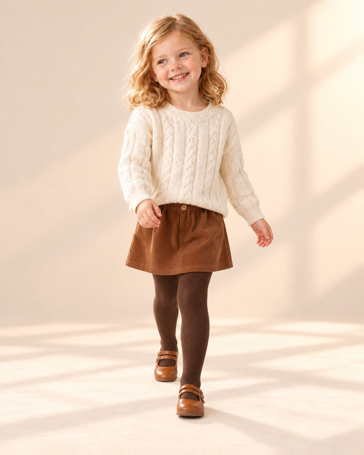 Girl in the cream Josephine cable sweater and corduroy skirt, natural pose by a studio window, head to toe – Cream