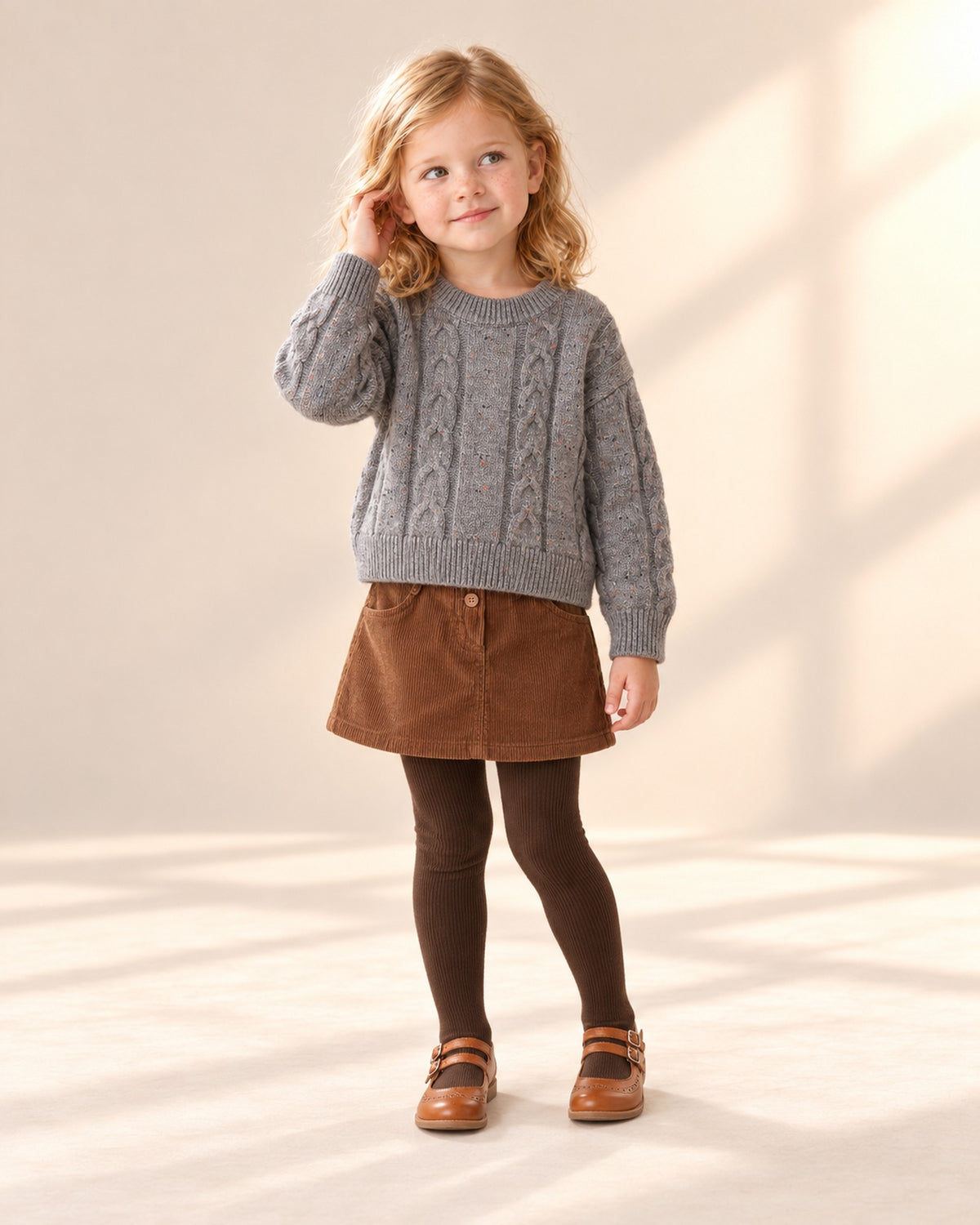 Josephine Cable Knit Crew Sweater in Grey – full front view