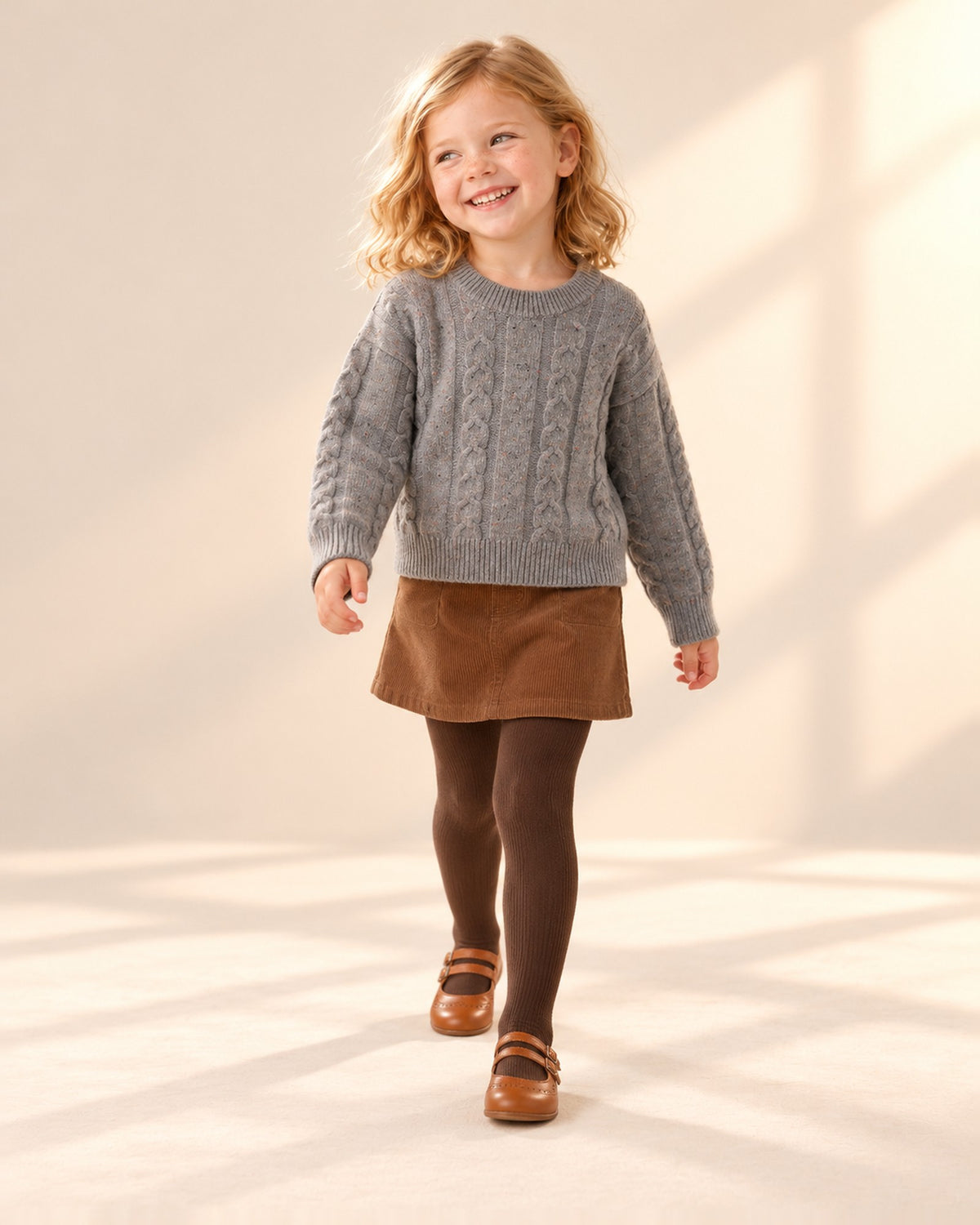 Josephine Cable Knit Crew Sweater in Grey – natural pose