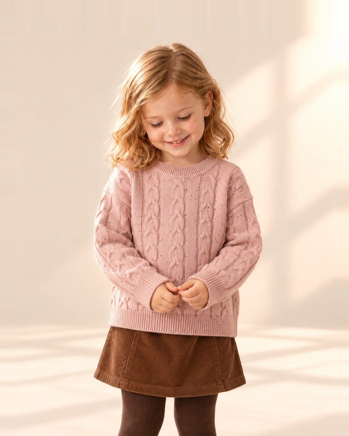 Josephine Cable Knit Crew Sweater in Pink – main