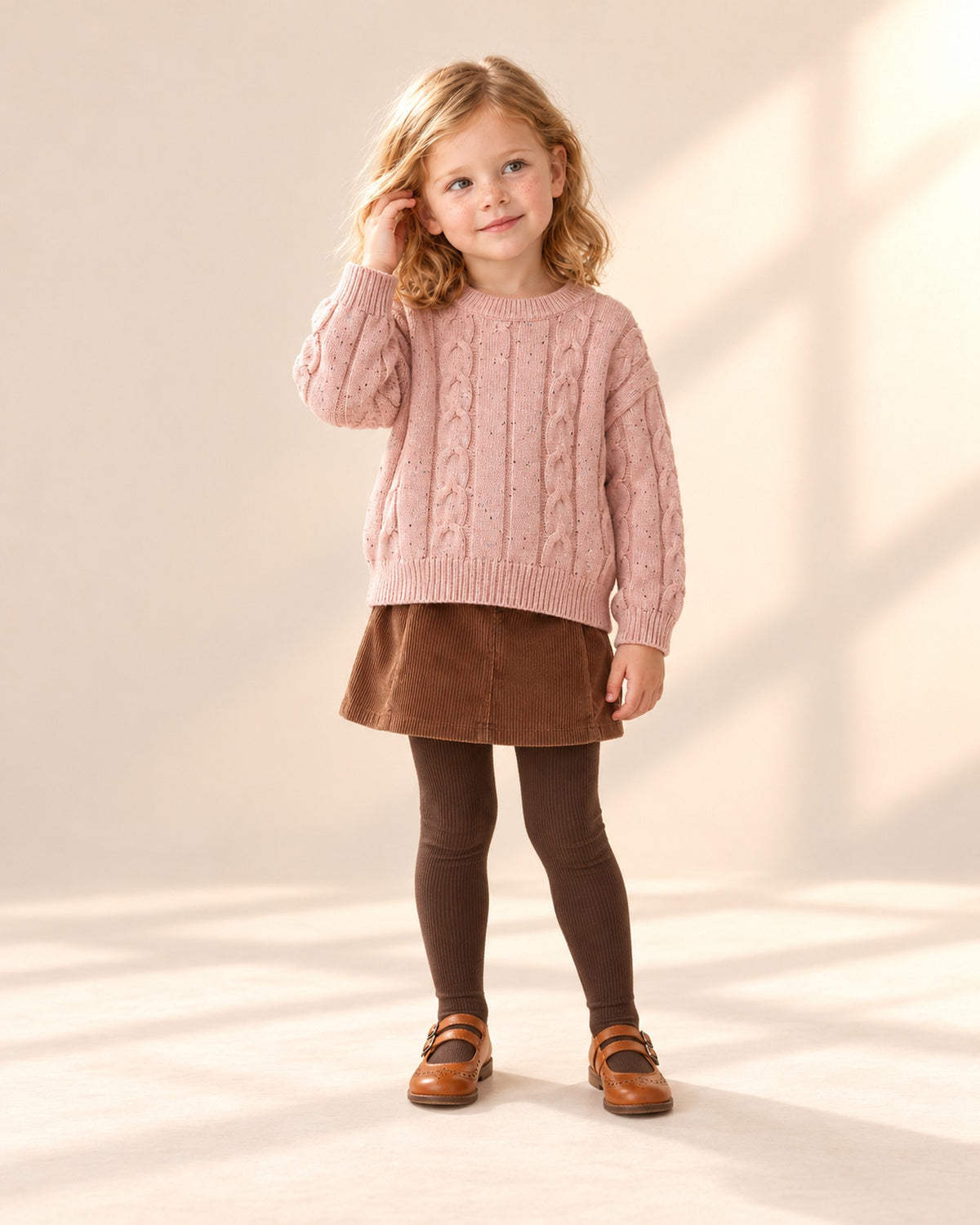 Josephine Cable Knit Crew Sweater in Pink – full front view