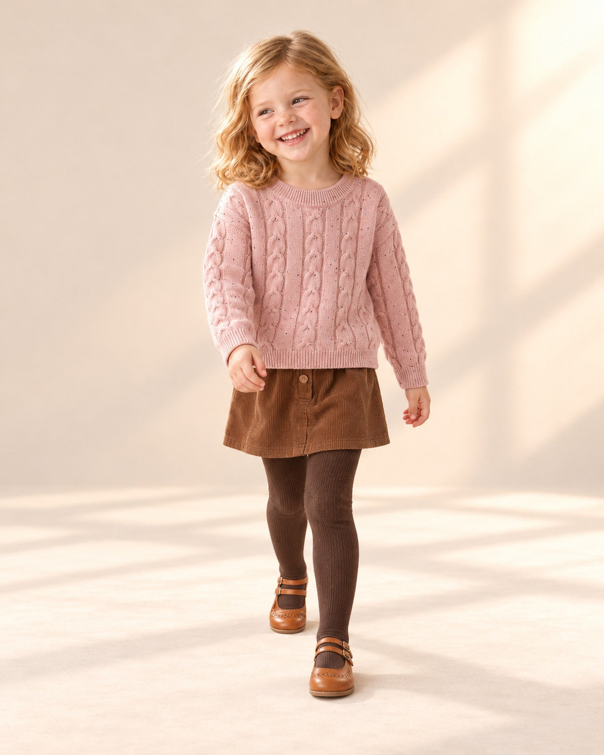 Josephine Cable Knit Crew Sweater in Pink – natural pose