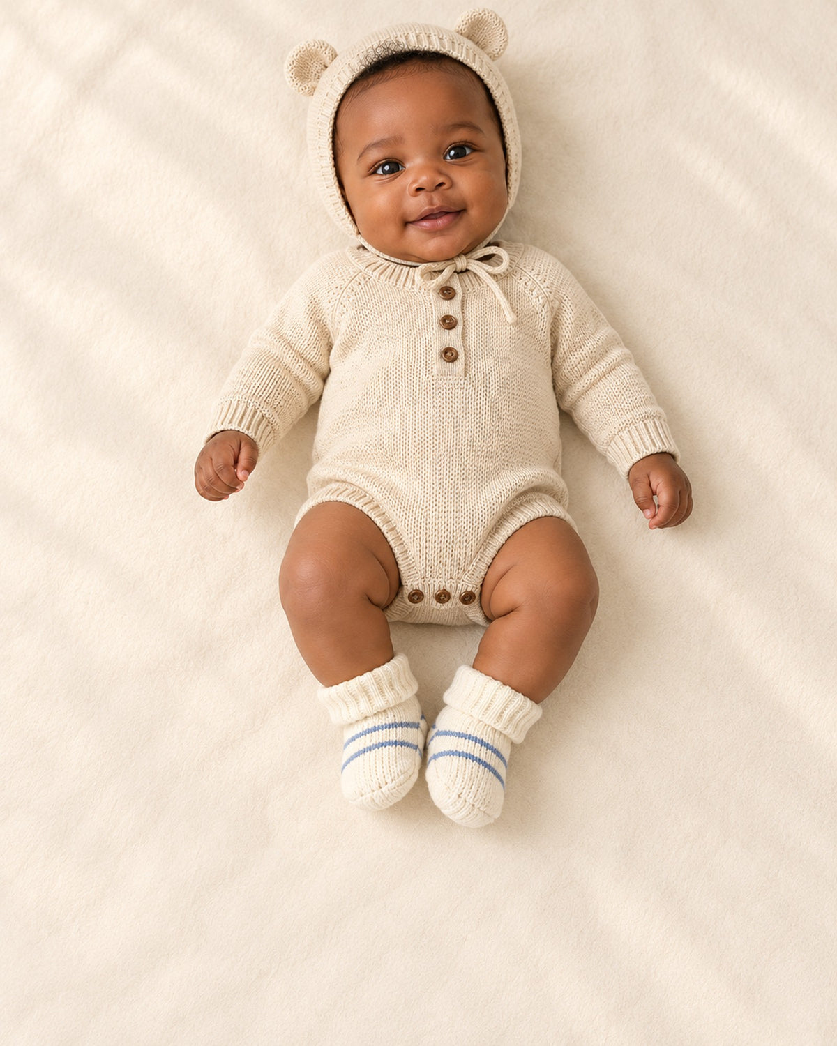 Close-up of the oatmeal knit romper with three-button placket and matching bonnet – Oatmeal