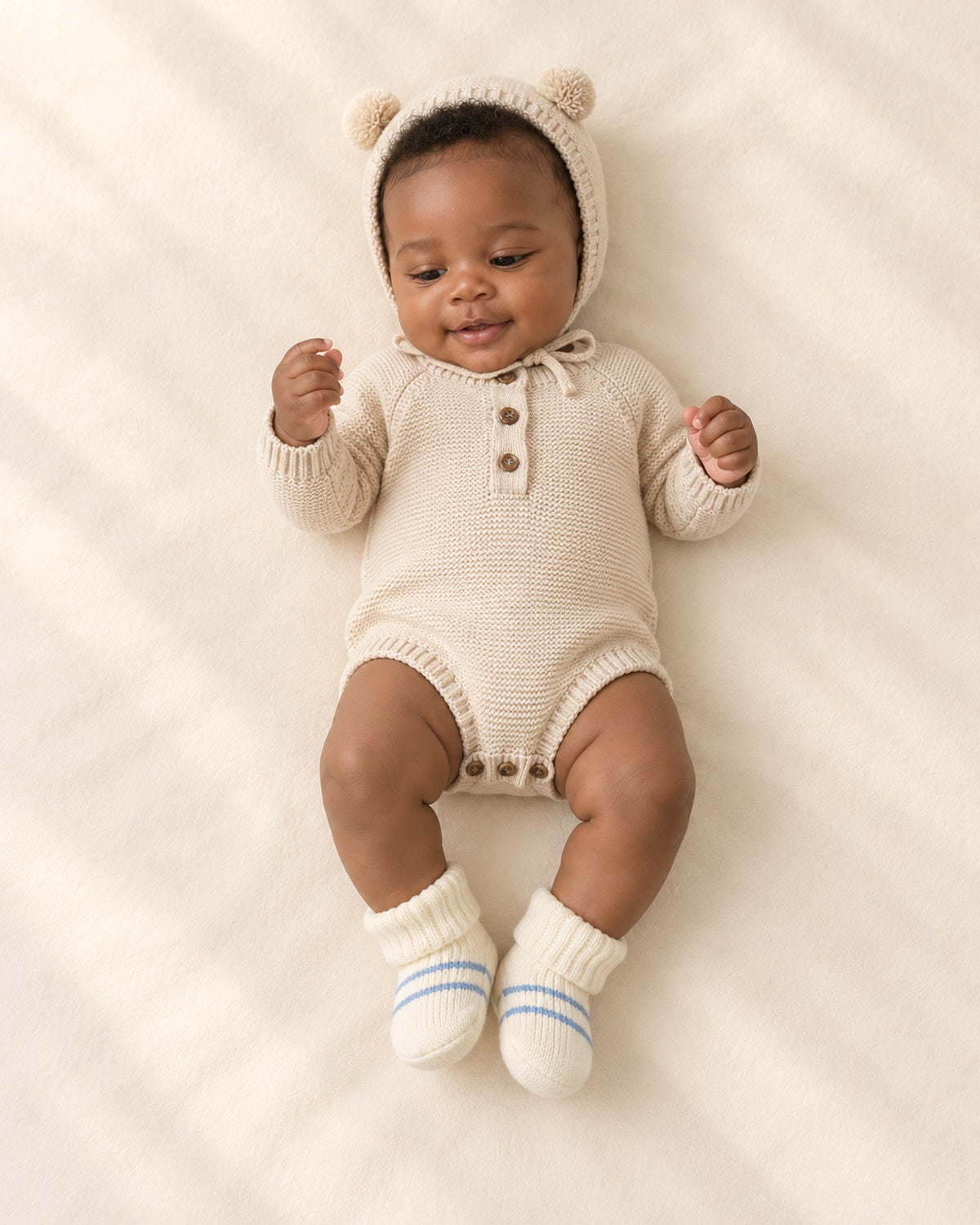 Front view of a baby in the oatmeal knit romper, matching bonnet and knit booties, full length – Oatmeal