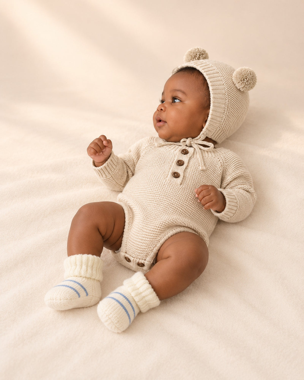 Side view of the oatmeal knit romper and bonnet with knit booties – Oatmeal
