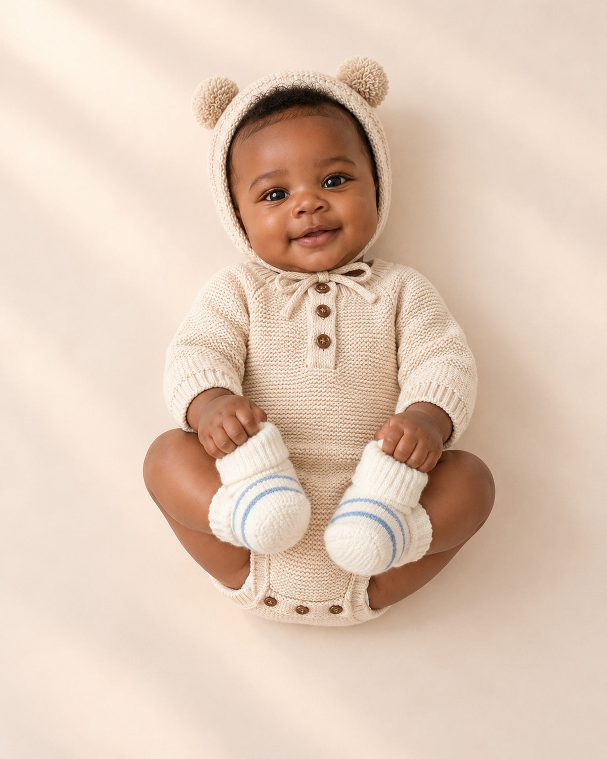 Baby lying on a soft studio blanket in the oatmeal Wilbur romper and bonnet set – Oatmeal