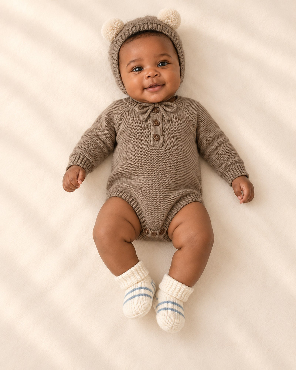 Wilbur Knit Romper & Bonnet Set in Mocha – main
