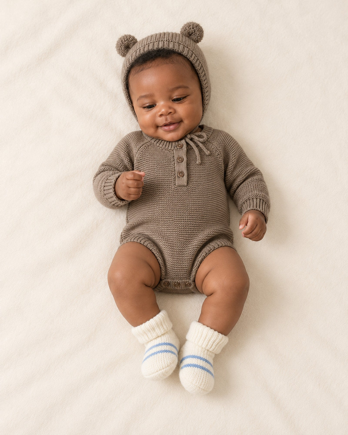 Wilbur Knit Romper & Bonnet Set in Mocha – full front view