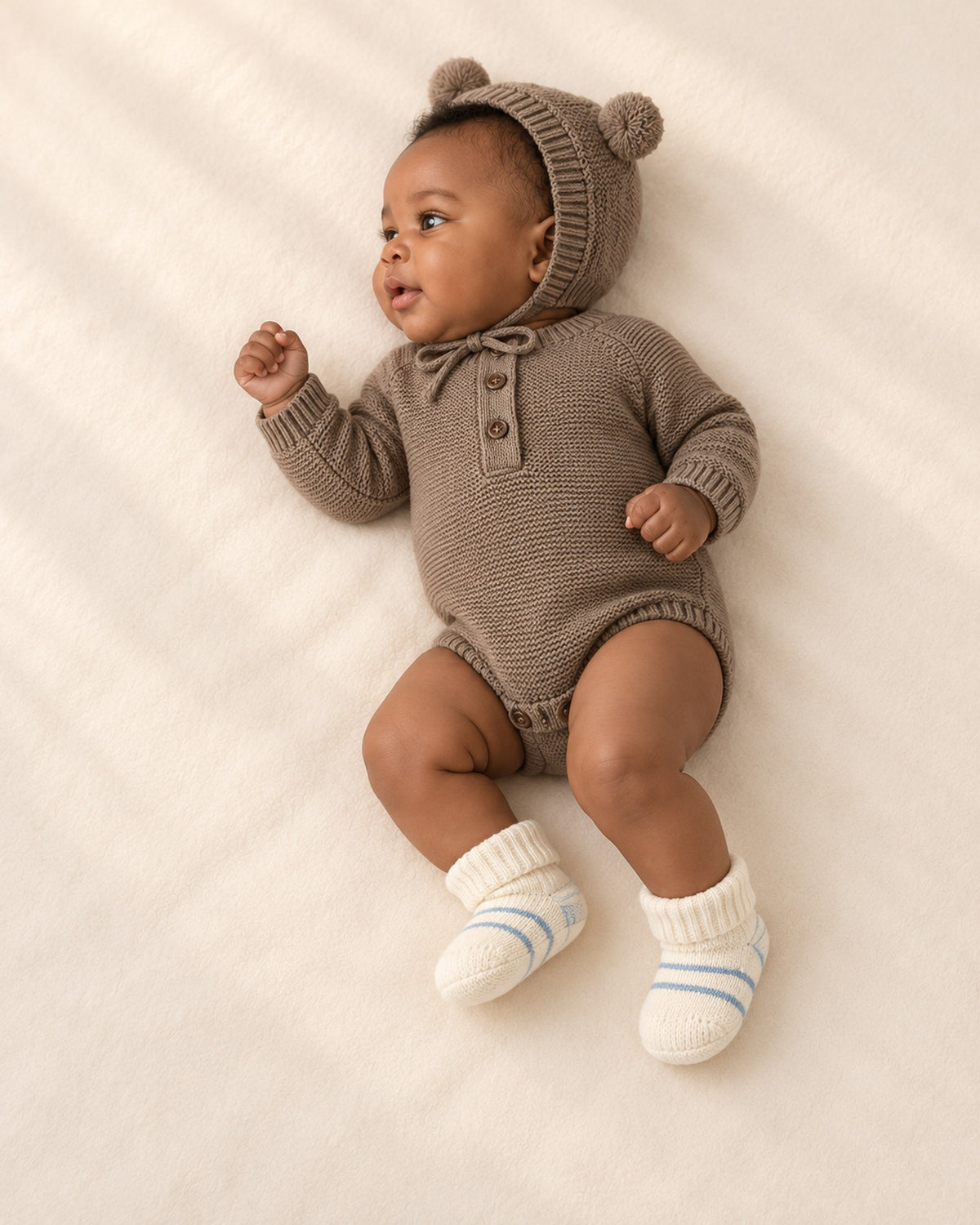 Wilbur Knit Romper & Bonnet Set in Mocha – side view