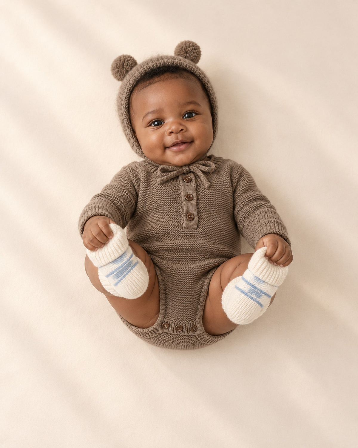 Wilbur Knit Romper & Bonnet Set in Mocha – natural pose