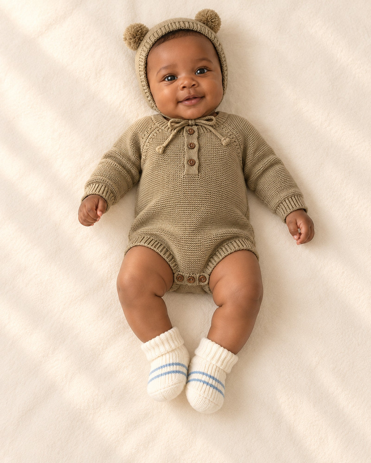 Wilbur Knit Romper & Bonnet Set in Olive – main
