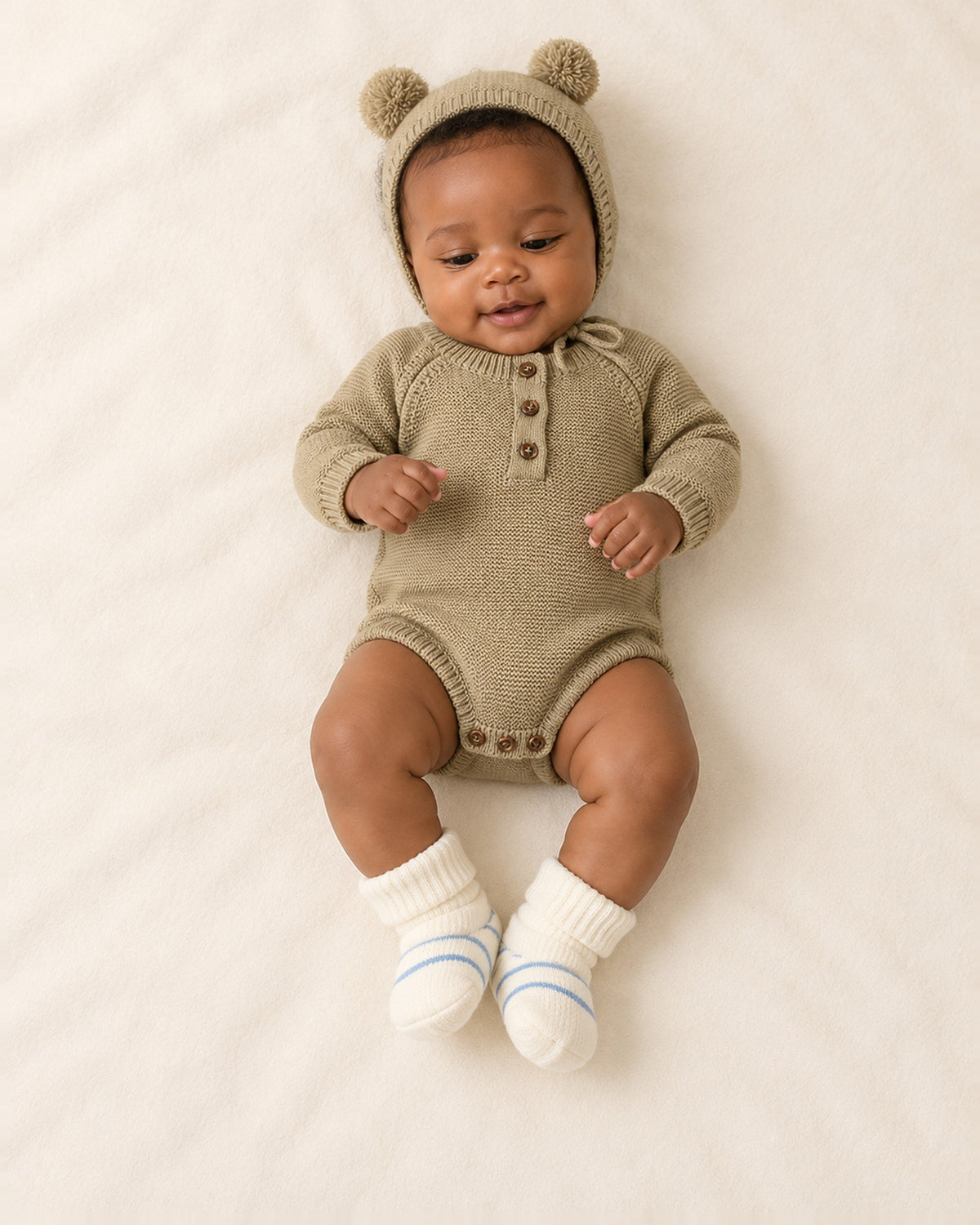 Wilbur Knit Romper & Bonnet Set in Olive – full front view