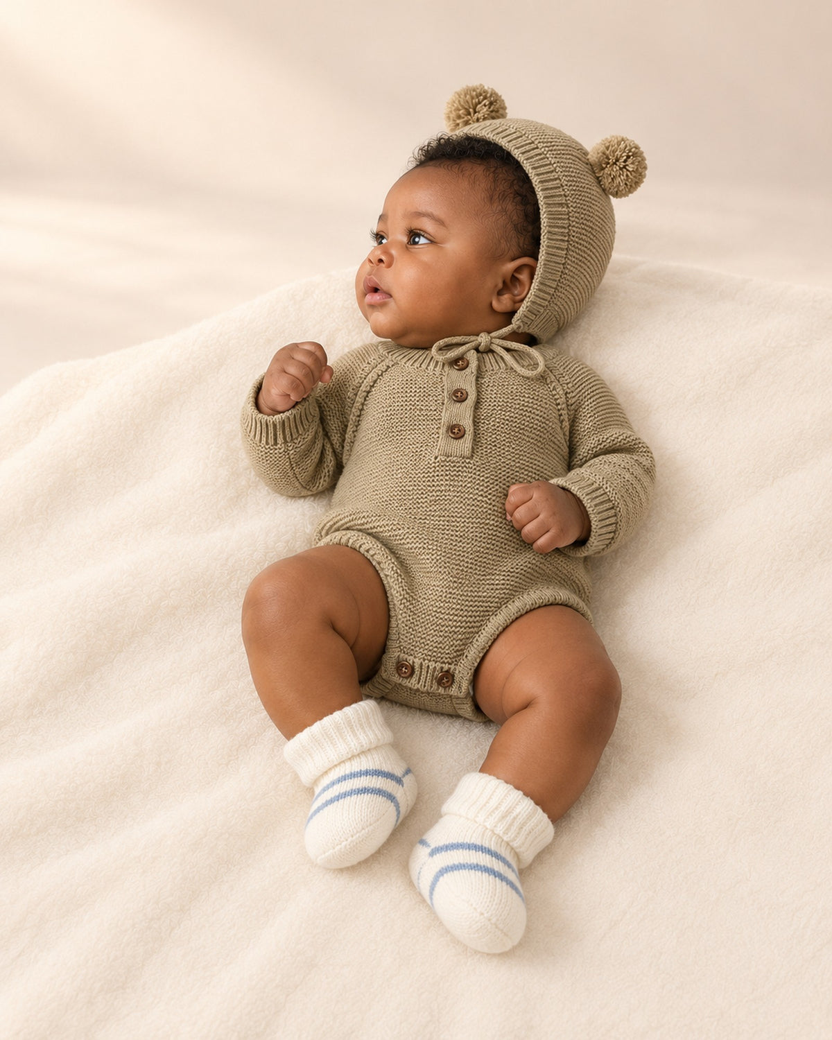 Wilbur Knit Romper & Bonnet Set in Olive – side view