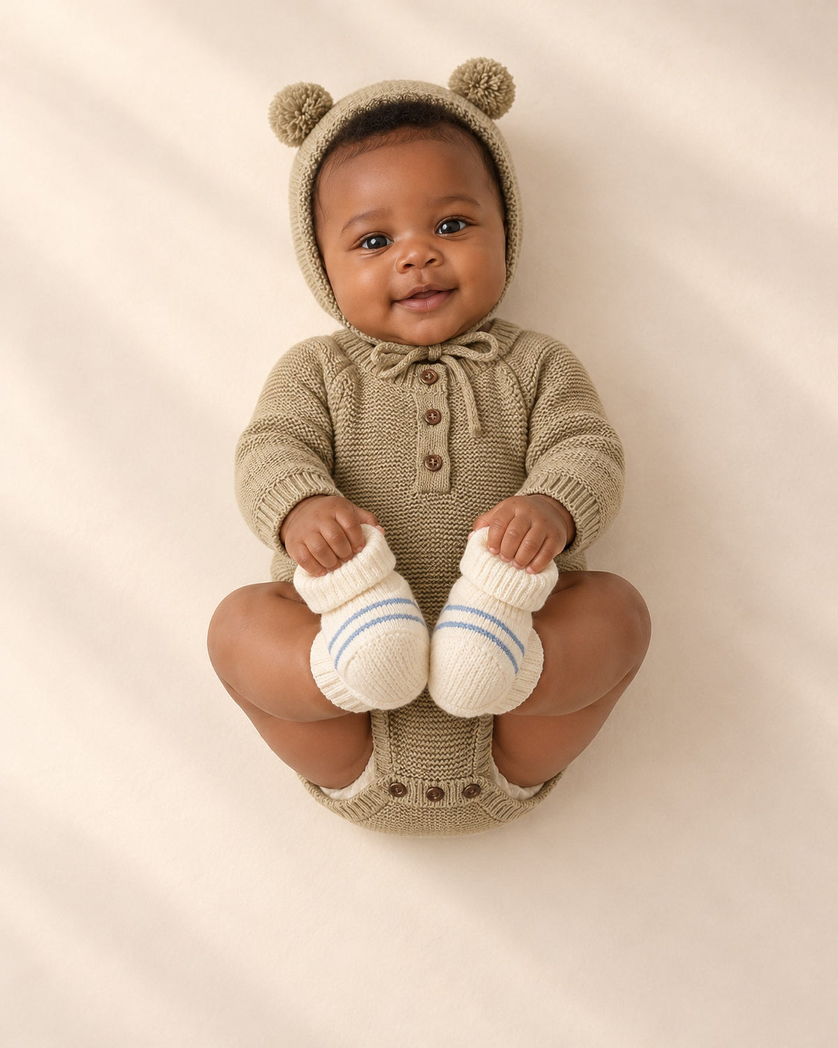 Wilbur Knit Romper & Bonnet Set in Olive – natural pose