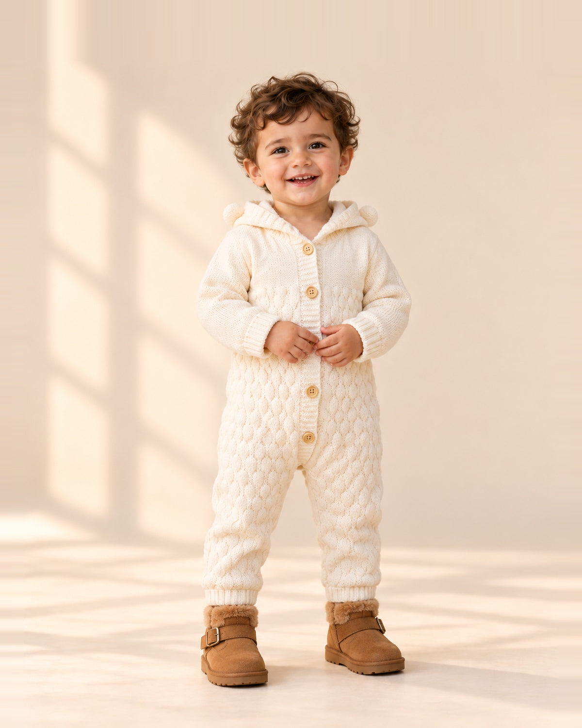 Close-up of the cream knit romper hood with two little bear ears and the button front – Cream