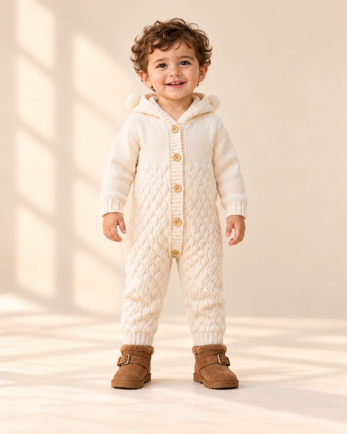 Front view of a baby in the cream bear ear hooded romper and brown teddy fleece boots, full length – Cream