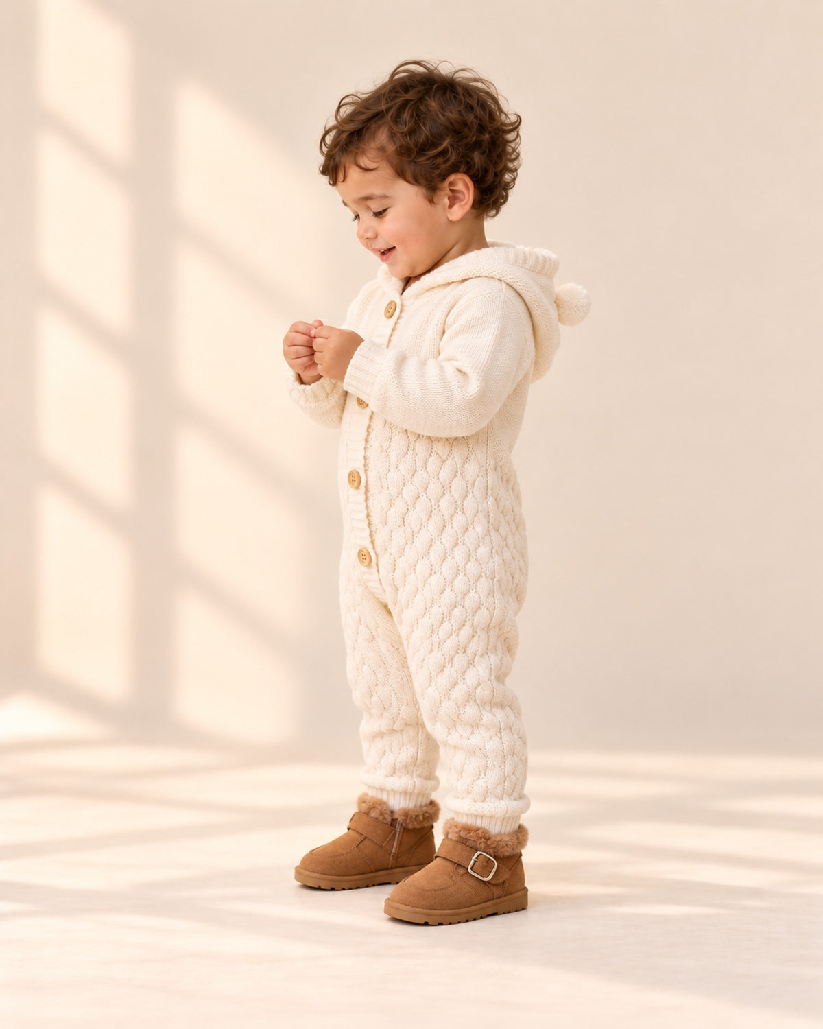Side view of the cream hooded knit romper showing the bear ears and teddy boots – Cream